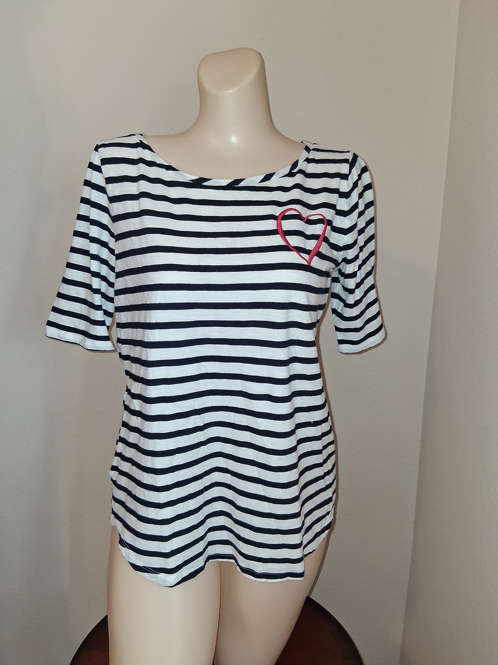 LOFT Black & White Striped Short Sleeve Top with Red Heart